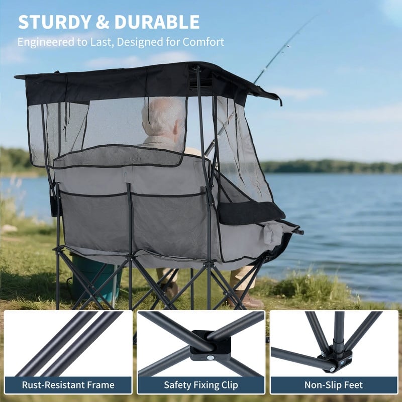 Double Beach Chair with Canopy Shade, Cup Holder and Side Pocket