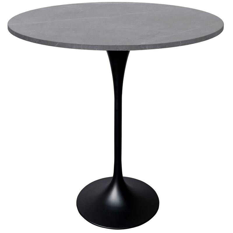 LeisureMod Verve 36" Bar Height Dining Table with Sintered Stone Round Top in Black Padestal Base - Marble Grey