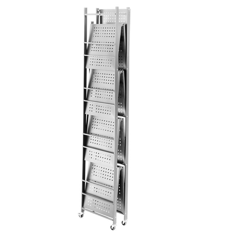Grey Carbon Steel 5 Tier Folding Garage Storage Shelf with Wheels and J-Hooks - 14 x 32 x 72 in