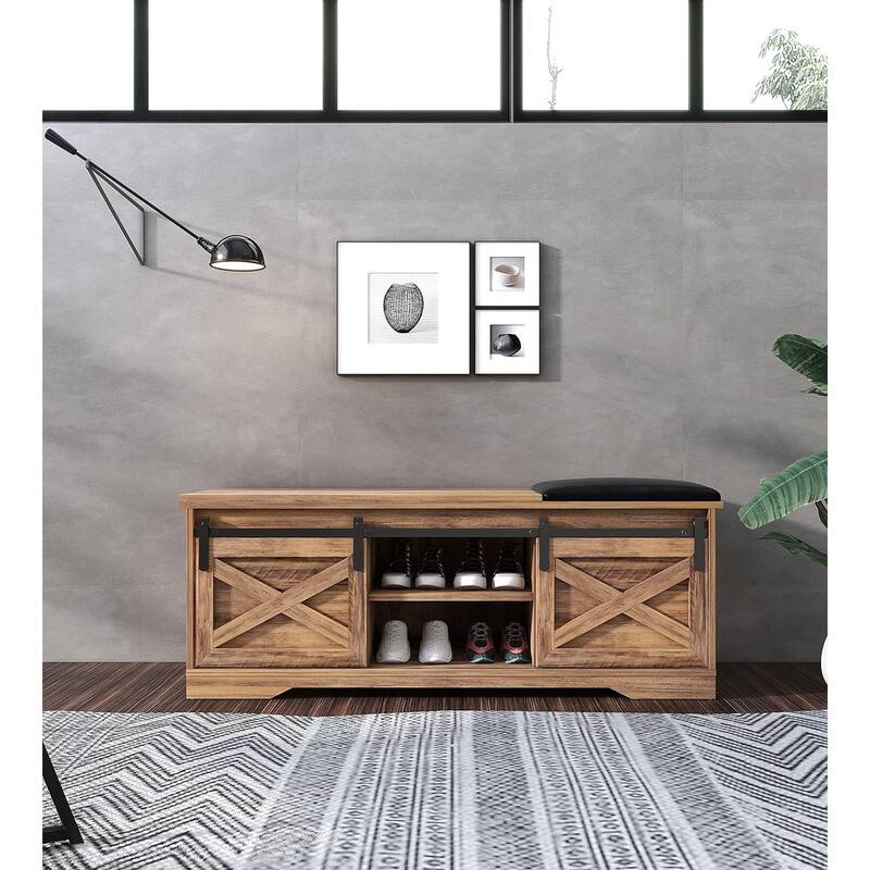 47" Farmhouse Shoe Bench with Padded Cushion, 2-Tier Shoe Storage Cabinet for Entryway - 47.24'x 15.35'x 17.72'