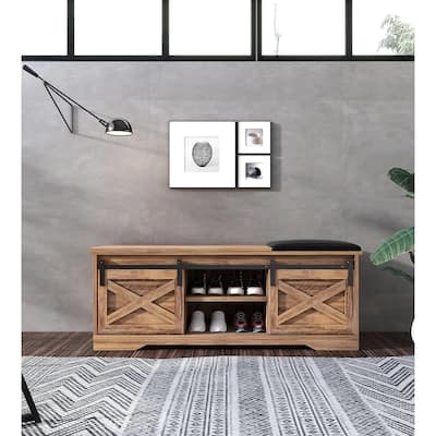 47" Farmhouse Shoe Bench with Padded Cushion, 2-Tier Shoe Storage Cabinet for Entryway - 47.24'x 15.35'x 17.72'