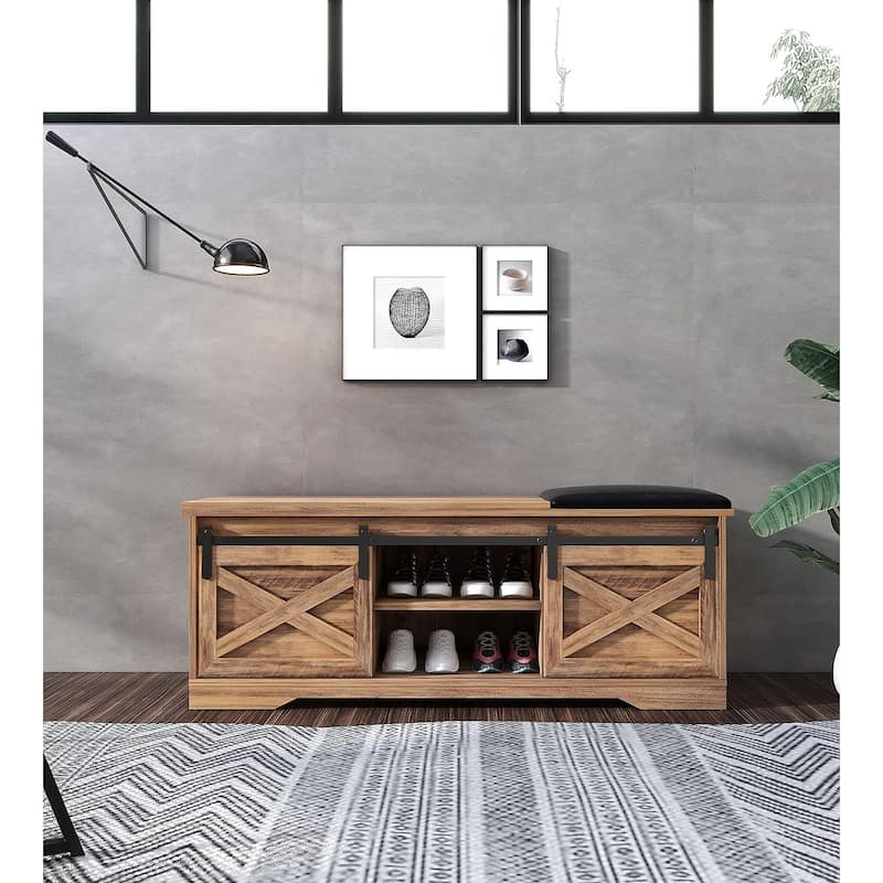 47" Farmhouse Shoe Bench with Padded Cushion, 2-Tier Shoe Storage Cabinet for Entryway - 47.24'x 15.35'x 17.72'