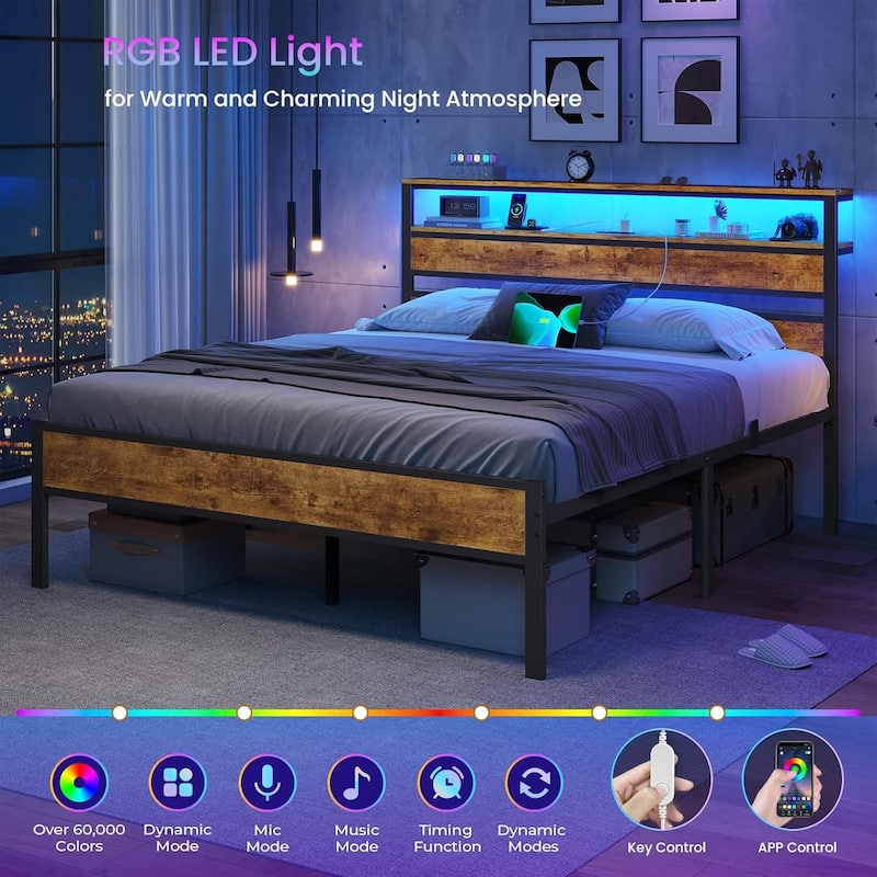 LED Bed Frame with 2 Tier Storage Headboard & Charging Station