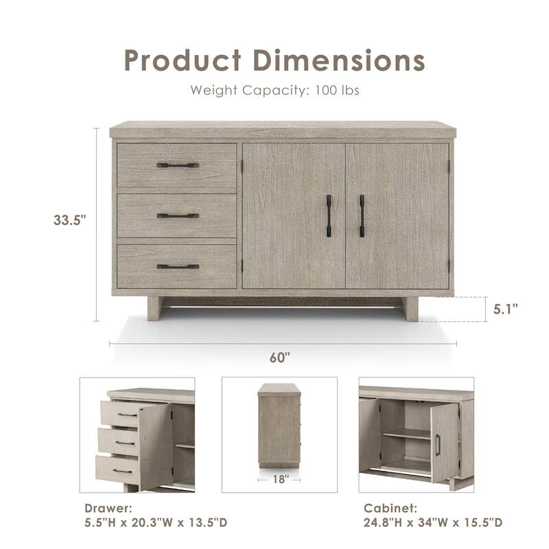 Furniture of America Yetaria Modern Farmhouse Natural Wood 3-Drawer Dining Server with Doors