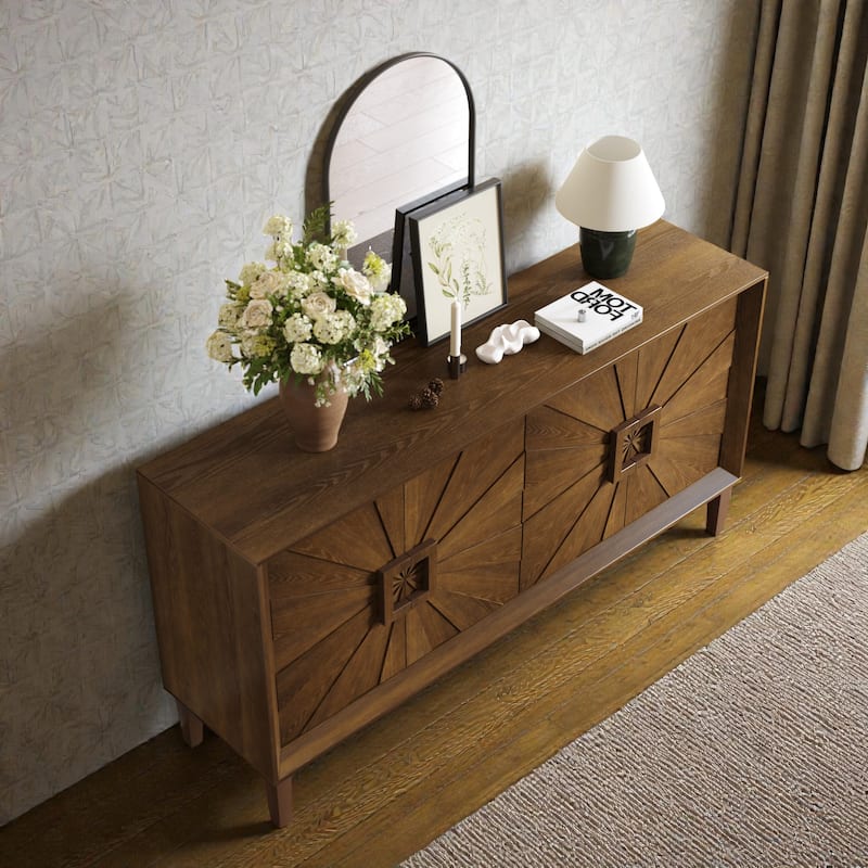 60'' Rustic American Farmhouse Credenza with Sunburst Doors, Antique Wood TV Stand with Adjustable Shelves