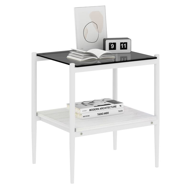Set of 2 Rectangle End Table Tempered Glass Tabletop with MDF layer