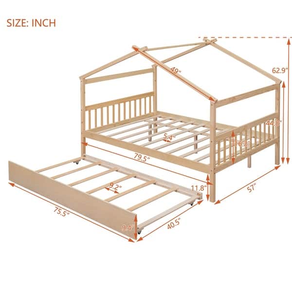 dimension image slide 1 of 4, Full Size Wooden House Bed with Twin Size Trundle