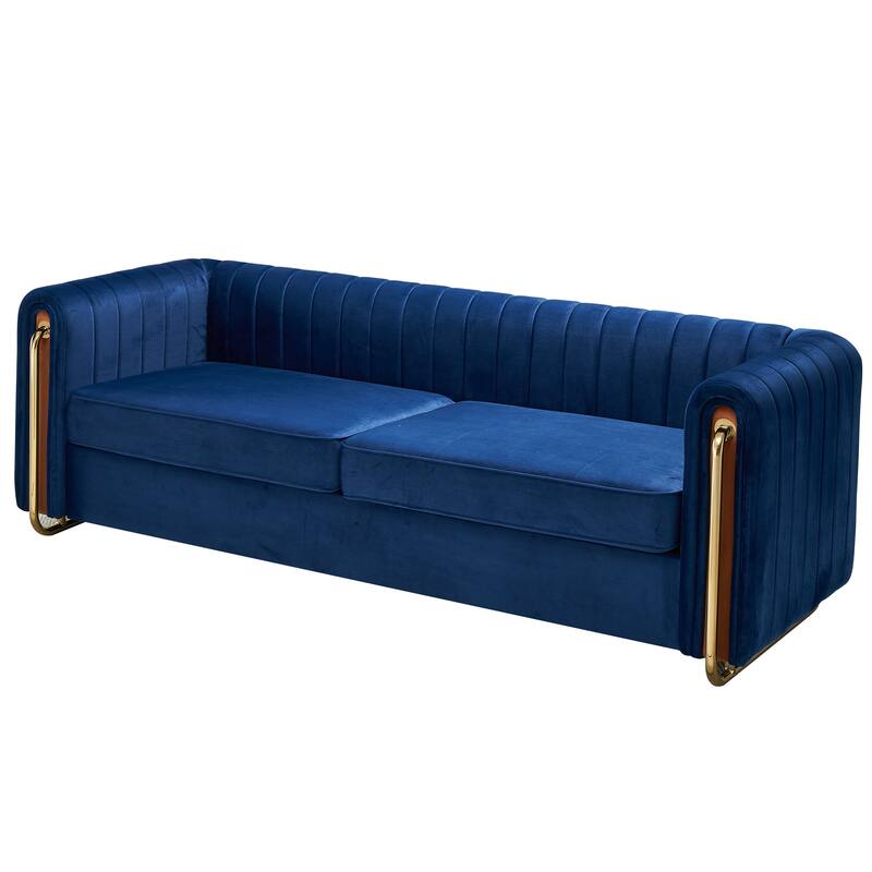 Luxurious Velvet Sofa with Deep Channel Tufting & Polished Gold Legs - 3 Seat Couch