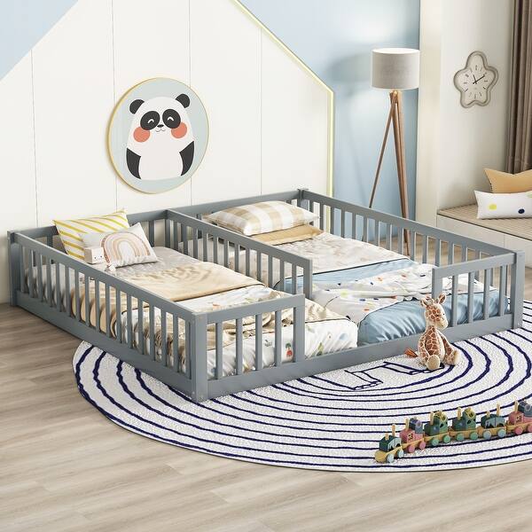 slide 2 of 33, Two Twin Floor Bed with Fence,Guardrails for Home Grey