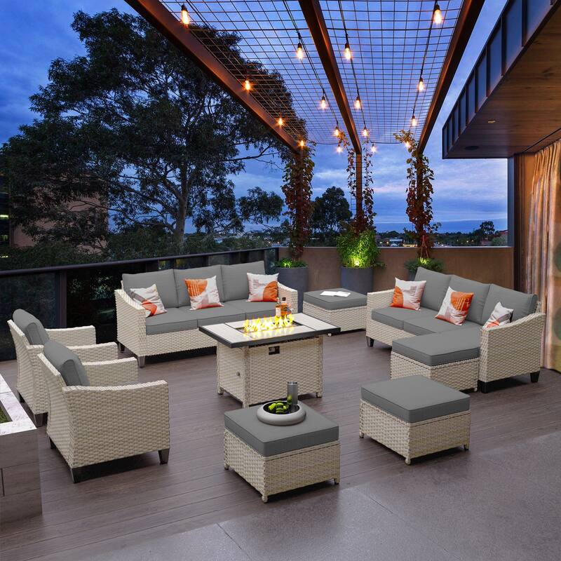 HOOOWOOO 9-piece Wicker Outdoor Patio Seating Set with Fire Pit Table - Dark Grey