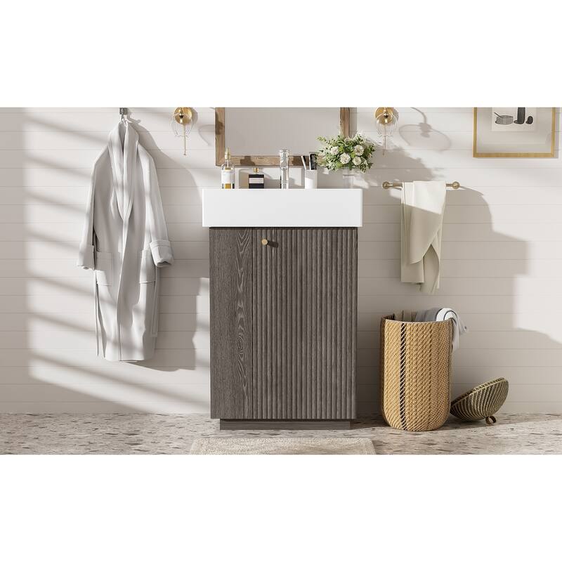 21.6" Bathroom Vanity With Ceramic Sink, Freestanding Modern Right Door Wood Grain Cabinet With Open And Closed Storage
