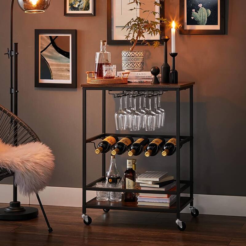 Industrial Bar Serving Cart with Casters, Glass Holders, Wine Holders