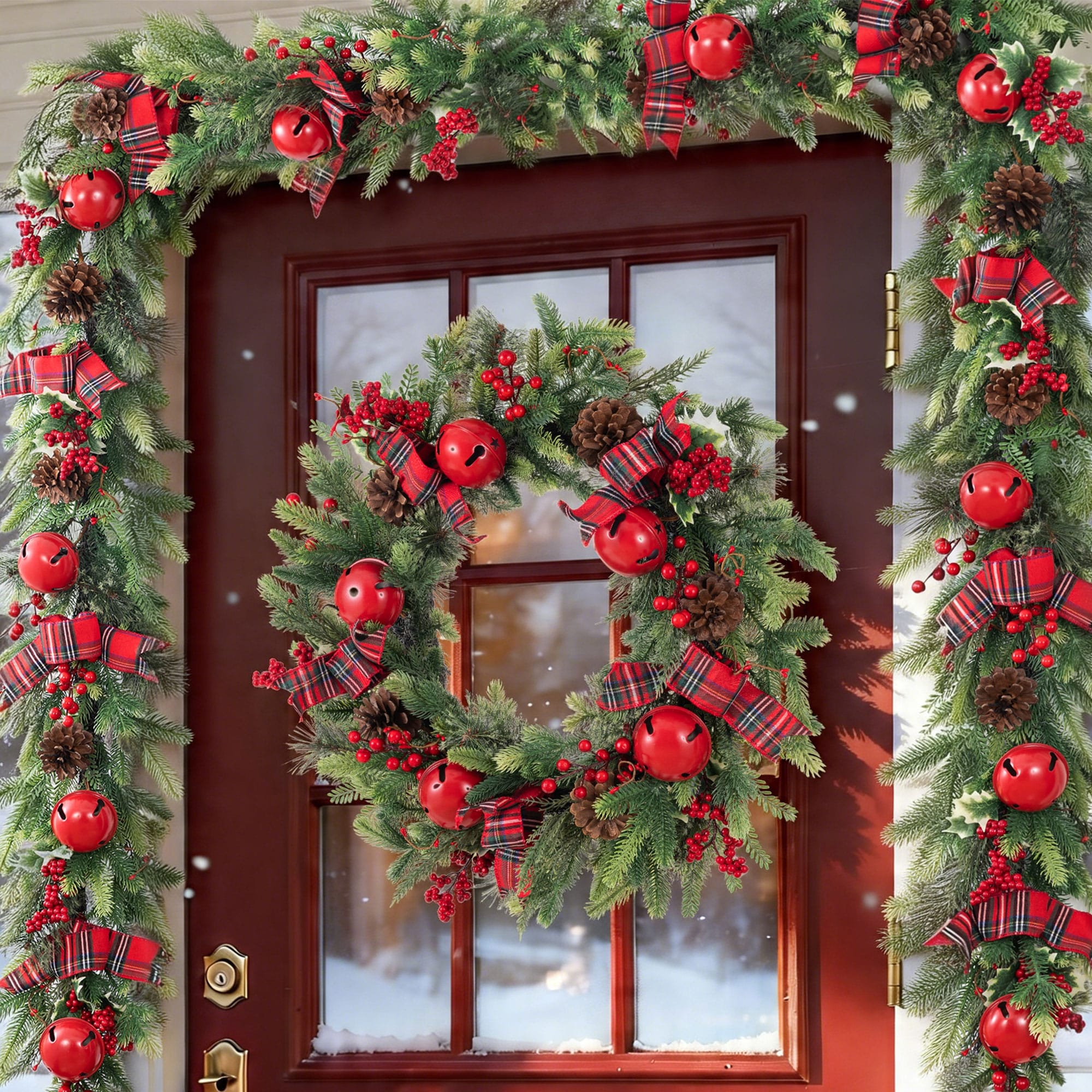 Glitzhome Christmas Bell Pinecone & Berry Bow Garland Wreath Teardrop