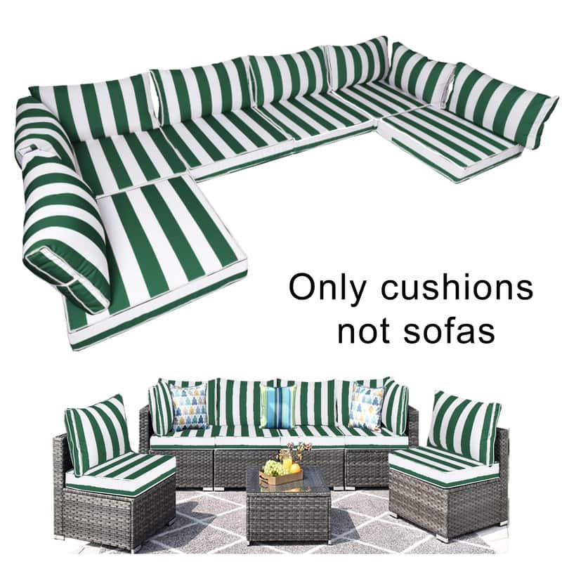 14pcs Outdoor Couch Cushions,4" Waterproof Sectional Rattan Conversation Set Cushions(Only Cushions+Covers,No Sofa) - 14PCS - Green and white stripes