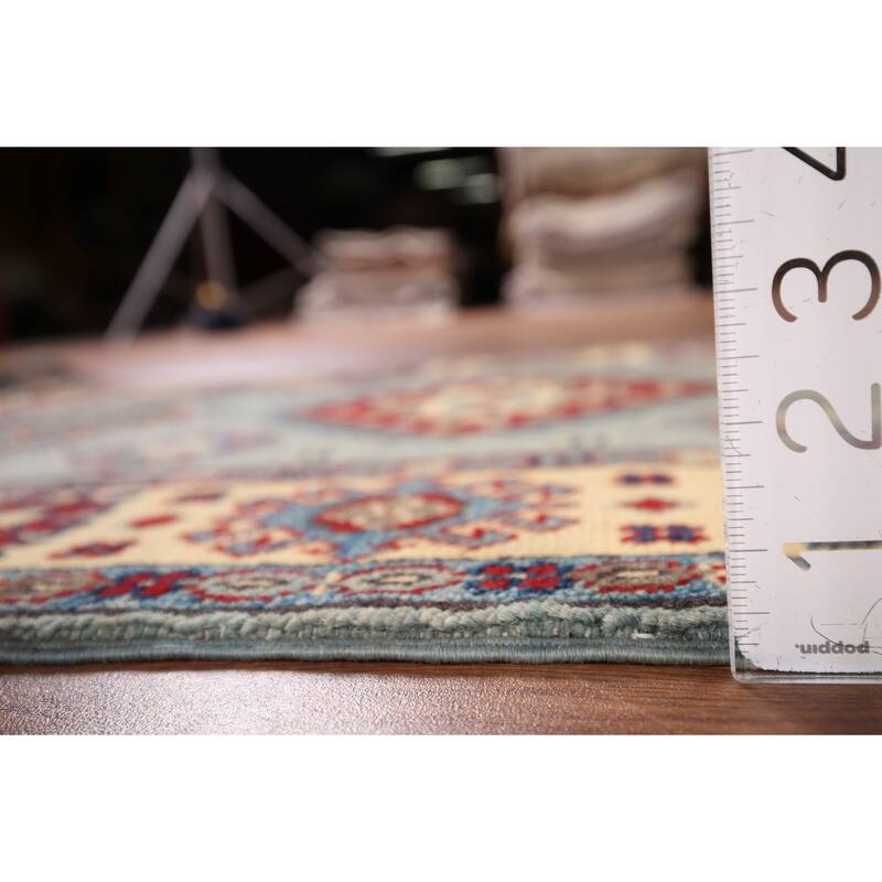Light Blue Geometric Kazak Accent Rug Hand-Knotted Wool Carpet - 2'7" x 4'3"