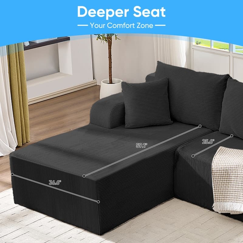 Mixoy 2-Pcs Free Combination Modular Sectional Sofas with Deep Seat,Corduroy L-Shaped Sofa with Chaise Lounge - 3-Seater