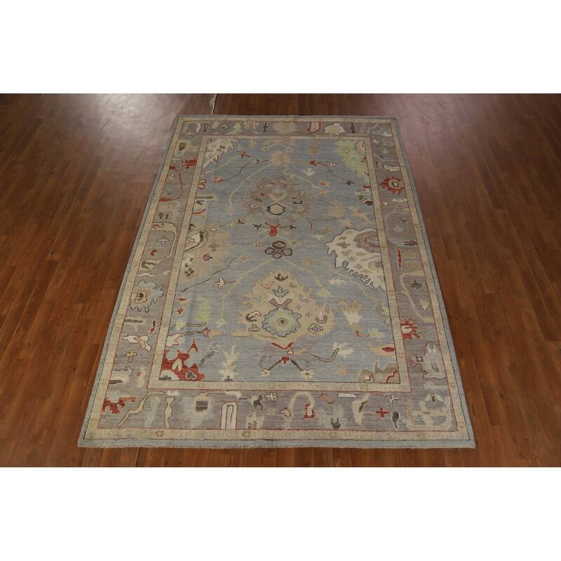 Hand Knotted Oriental 100% Wool Carpet Transitional Floral Navy Blue & Blues Oushak Area Rug - 8' 6'' X 6' 0''