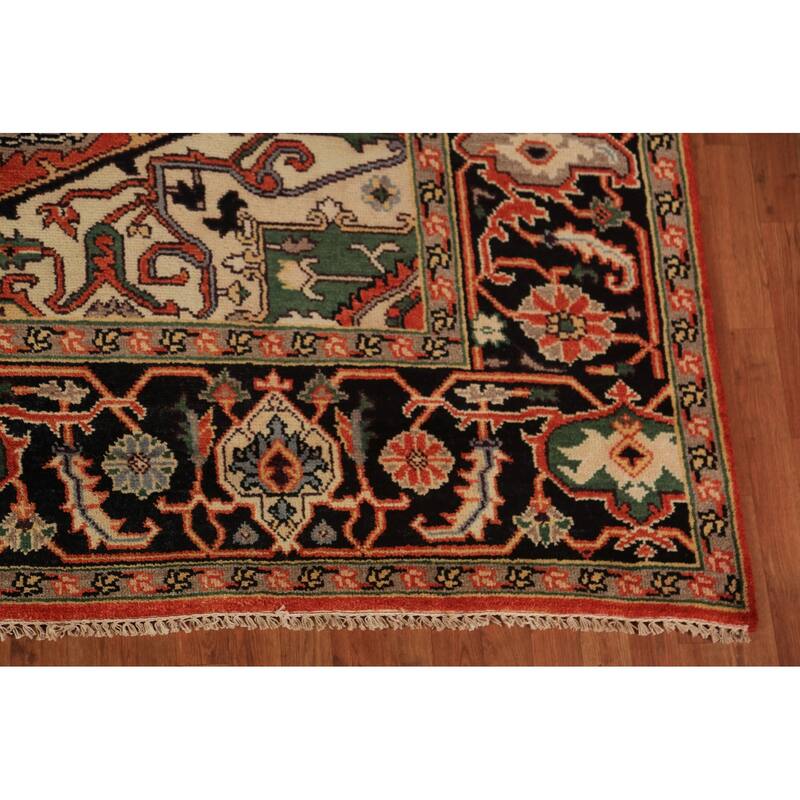 Geometric Heriz Serapi Indian Area Rug Handmade Orange Wool Carpet - 8'9"x 11'10"