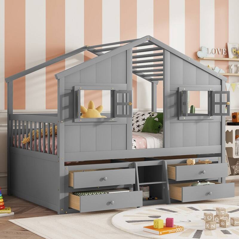 Full Size House Loft Bed with Roof, Windows,4 Storage Drawers with Guardrails - Grey