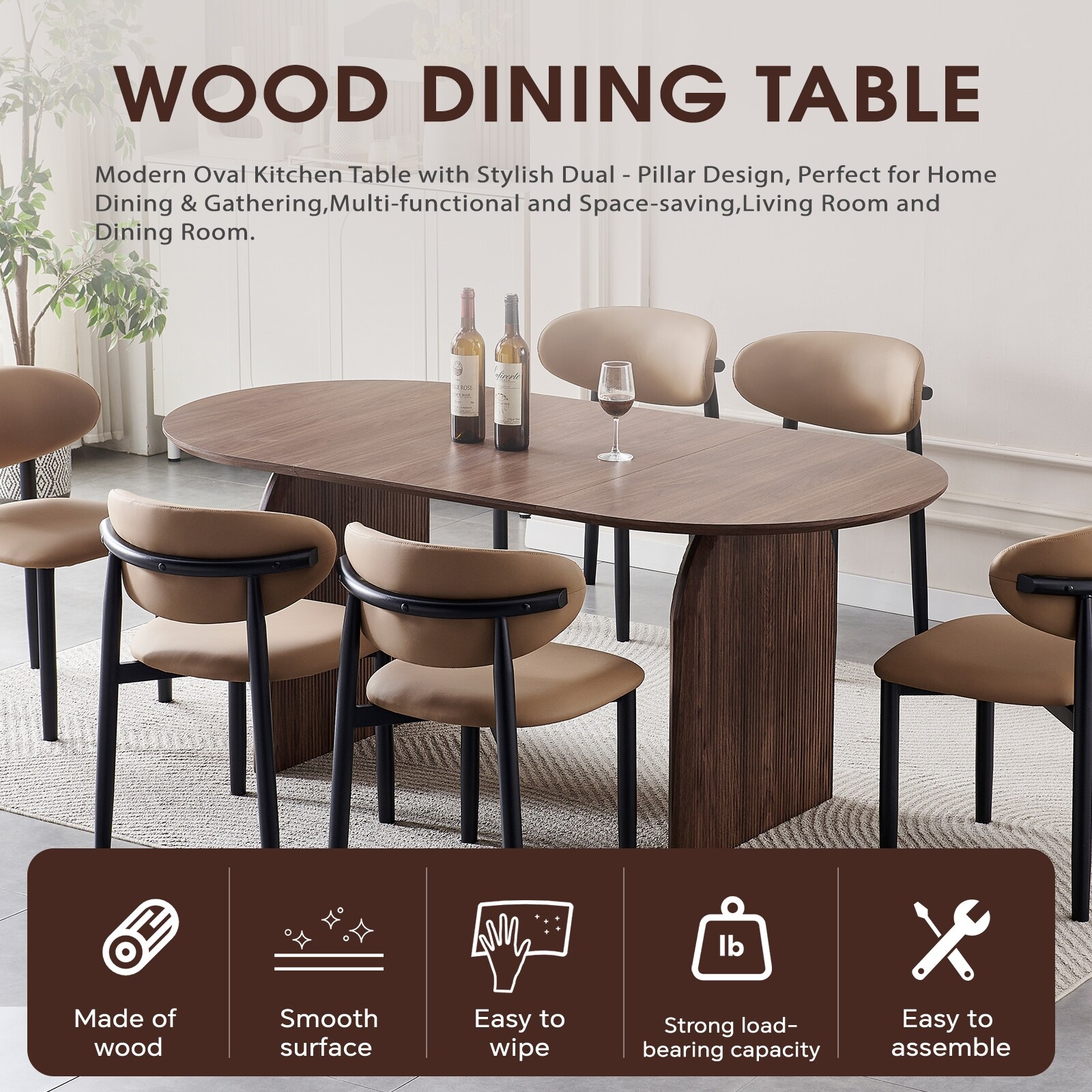 Wooden dining table, modern oval kitchen dining table, fashionable double-column design, suitable for family gatherings, multi-f
