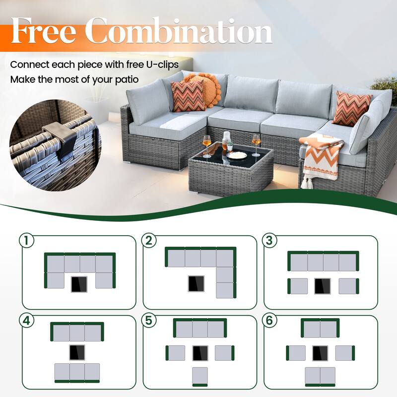 HOOOWOOO 8-piece Grey Wicker Patio Furniture Set Sectional Sofa with Fire Pit Table