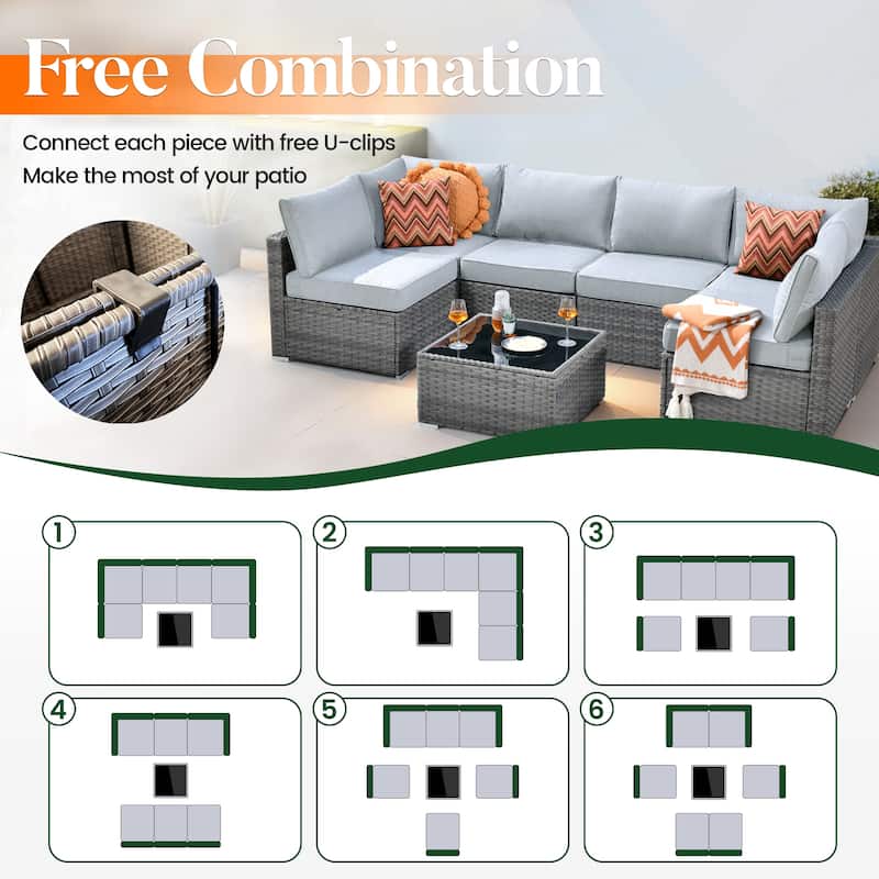 HOOOWOOO 9-piece Grey Rattan Outdoor Furniture Fire Pit Set with Swivel Chairs