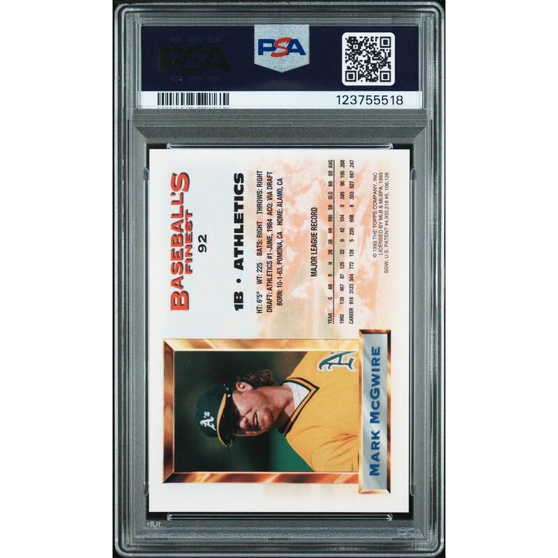 Mark McGwire 1993 Finest Refractor Signed Baseball Card #92 Graded PSA 8 Auto 10 Cert # 123755518 - 8' x 11'