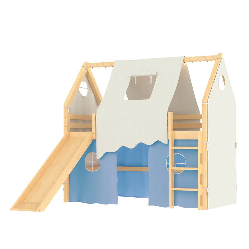 Fairytale Loft Bed Wooden House Bed with Tents, Light Strip and Slide