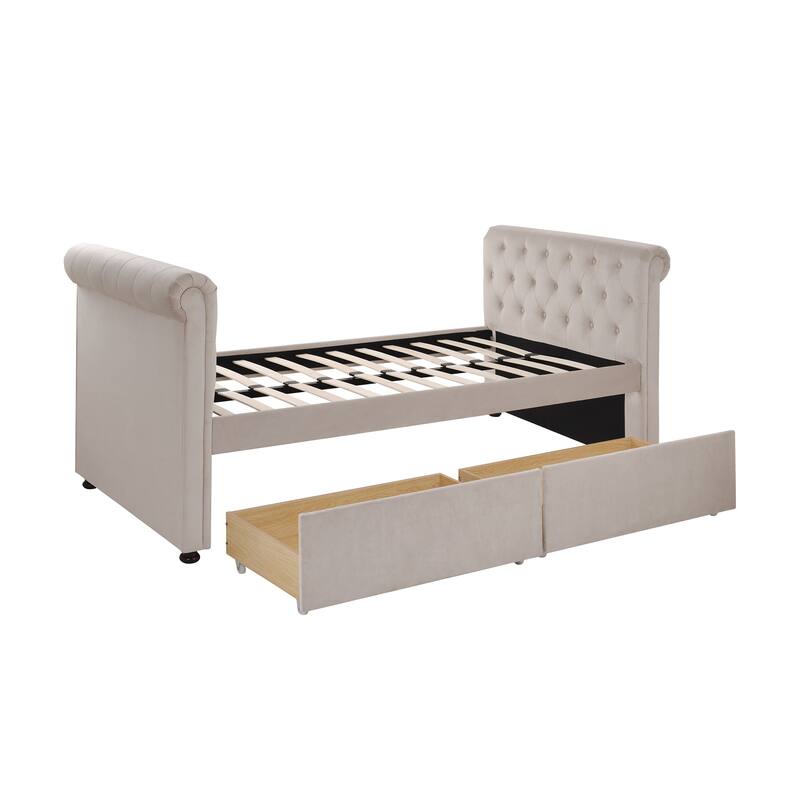 Twin Size Upholstered Daybed with Drawers, Wood Slat Support, No Box Spring Needed