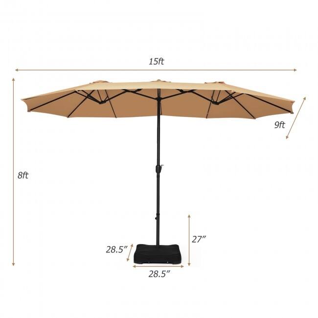 15 Foot Extra Large Patio Double Sided Umbrella with Crank and Base - 15' x 8' (W x H)
