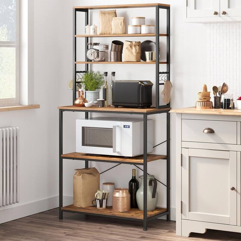 Baker's Rack, Microwave Oven Stand, 6-Tier Kitchen Utility Storage Shelf, 6 Hooks and Metal Frame - 31.5" x 15.7" x 65.7"