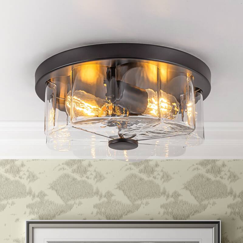 2-light Modern Farmhouse Matte Black Flush Mount Ceiling Light with Clear Flower-Shaped Glass Shade - 11.8 in. W x 4.9 in. H x 11.8 in. D - Black/Clear