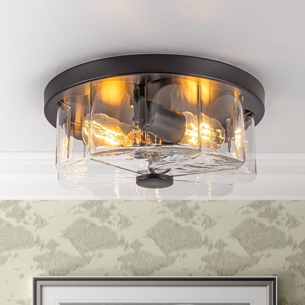 2-light Modern Farmhouse Matte Black Flush Mount Ceiling Light with Clear Flower-Shaped Glass Shade