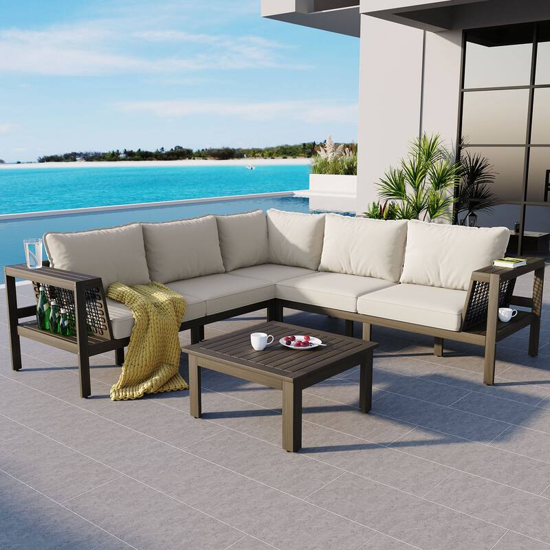 4 Pieces Outdoor Acacia Wood Sofa Set, L-Shaped Patio Furniture Sofa Set w/ Coffee Table, Outdoor Conversation Set, Beige