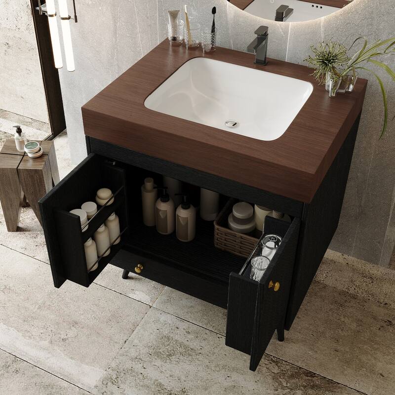 Free-standing Bathroom Vanity with Faux Marble Top & Ceramic Sink, 30" Double Door Storage Cabinet, Waterproof Engineered Wood