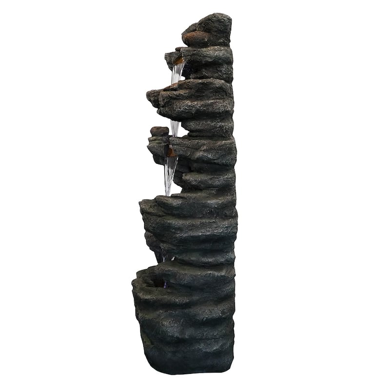 6-Tier Rock Water Fountain w/LED Lights - Outdoor Waterfall for Garden