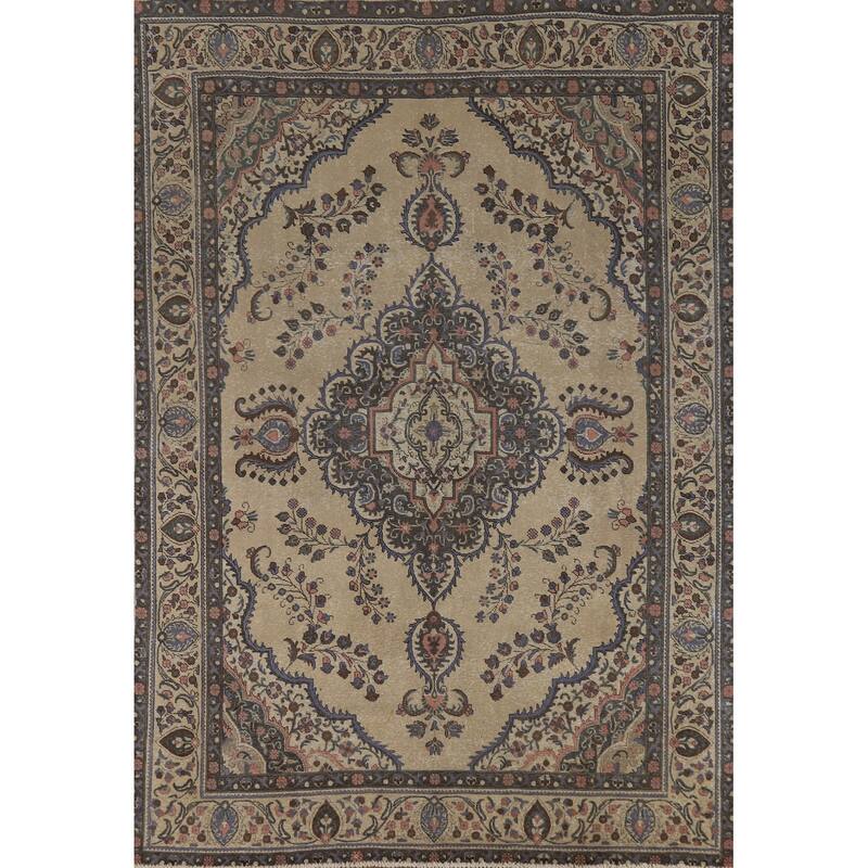 Tabriz Persian Vintage Rug Hand-Knotted Traditional Beige Wool Carpet - 7'8" x 11'2"