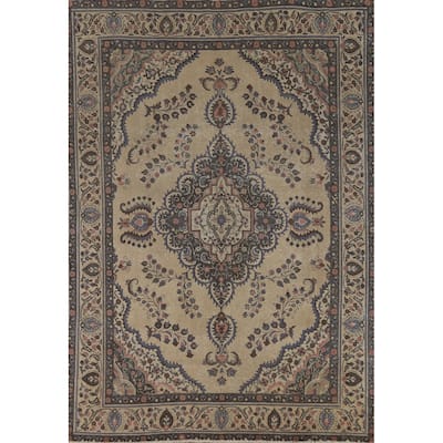 Tabriz Persian Vintage Rug Hand-Knotted Traditional Beige Wool Carpet - 7'8" x 11'2"