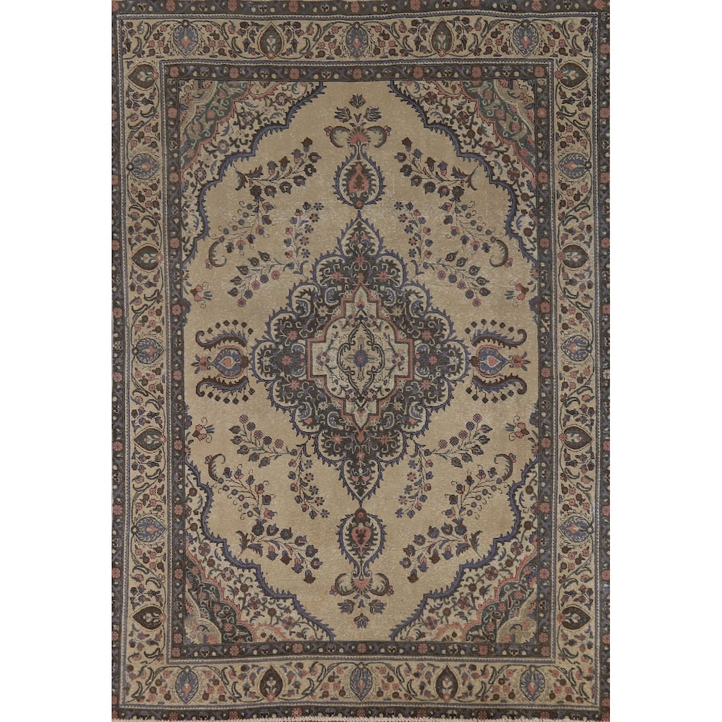Tabriz Persian Vintage Rug Hand-Knotted Traditional Beige Wool Carpet - 7'8" x 11'2"