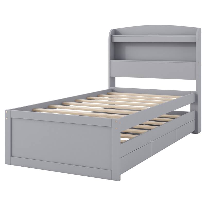 Twin XL Platform Bed with Storage, LED Headboard, Charging Station, Trundle, and Drawers, Gray