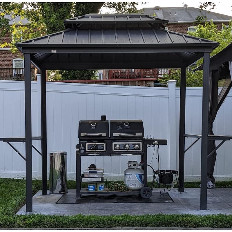PURPLE LEAF 6ft x 8ft Hardtop Grill Gazebo Galvanized Steel Roof Outdoor BBQ Canopy with 2 Pcs Outdoor Counter Stools