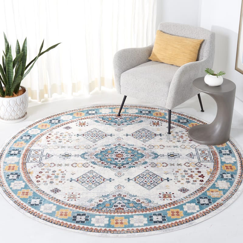 SAFAVIEH Bayside Machine Washable Cynthia Oriental Rug - 6'7" Round - Grey/Blue