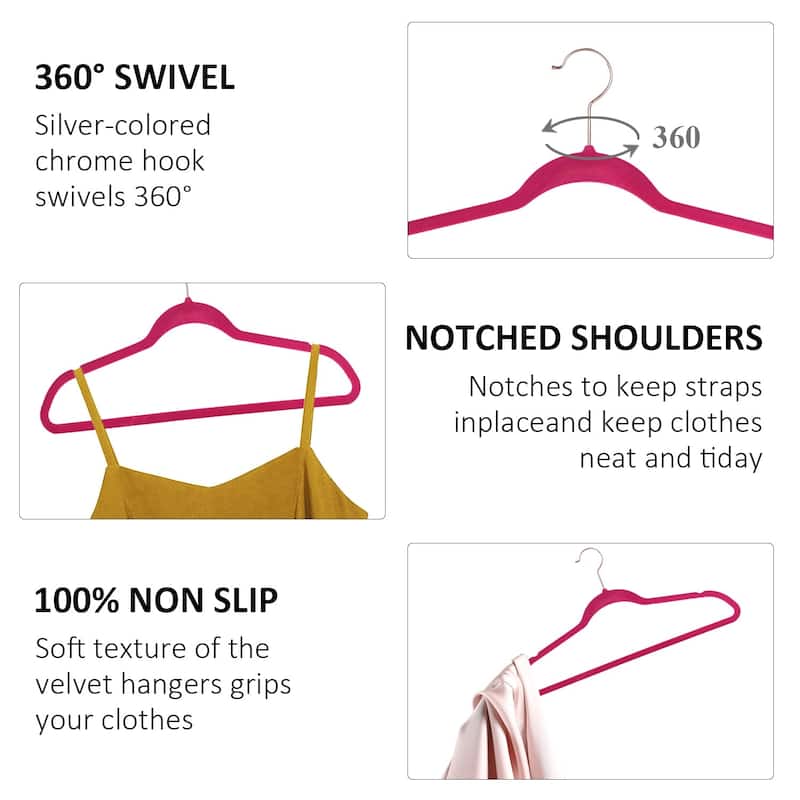 Javlergo 50/100 Pack Velvet Hangers, Heavy Duty Non Slip & Space-Saving Cloth Hangers with 6 Finger Clips & Tie Rack - 50 Packs - Rose