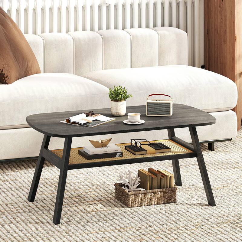 Gymax 2-Tier Coffee Table w/ Rattan Storage Shelf & Rubber Wood Legs