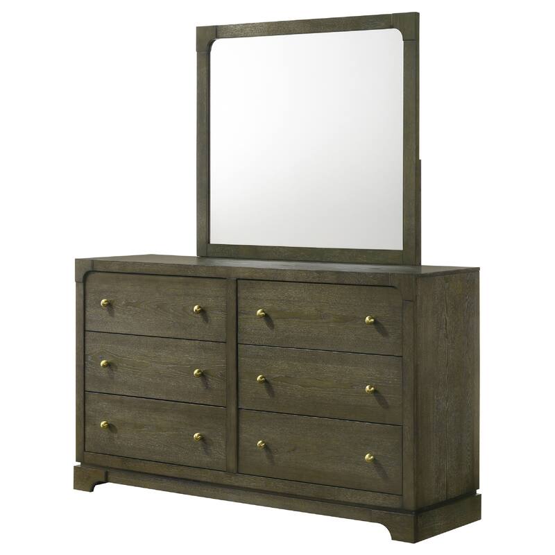 Seon Wide Dresser with Mirror, 6 Drawers, Cocoa Brown, Brass Knobs