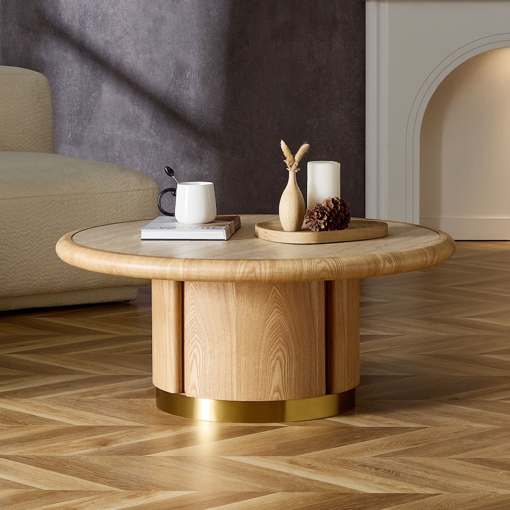 Roomfitters 35.43 Inch Round Coffee Table, Modern Tray Top Wooden Pedestal Cocktail Center Table with Gold Base