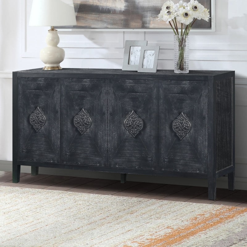 Antique Four Door Cabinet with Carved Flower Door Handle