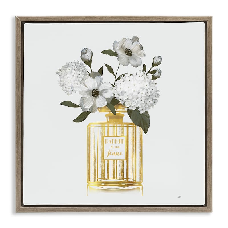 Stupell Gold Bottle with Flowers Framed Floater Canvas Wall Art Design By Nan - 18 x 18 - Brown