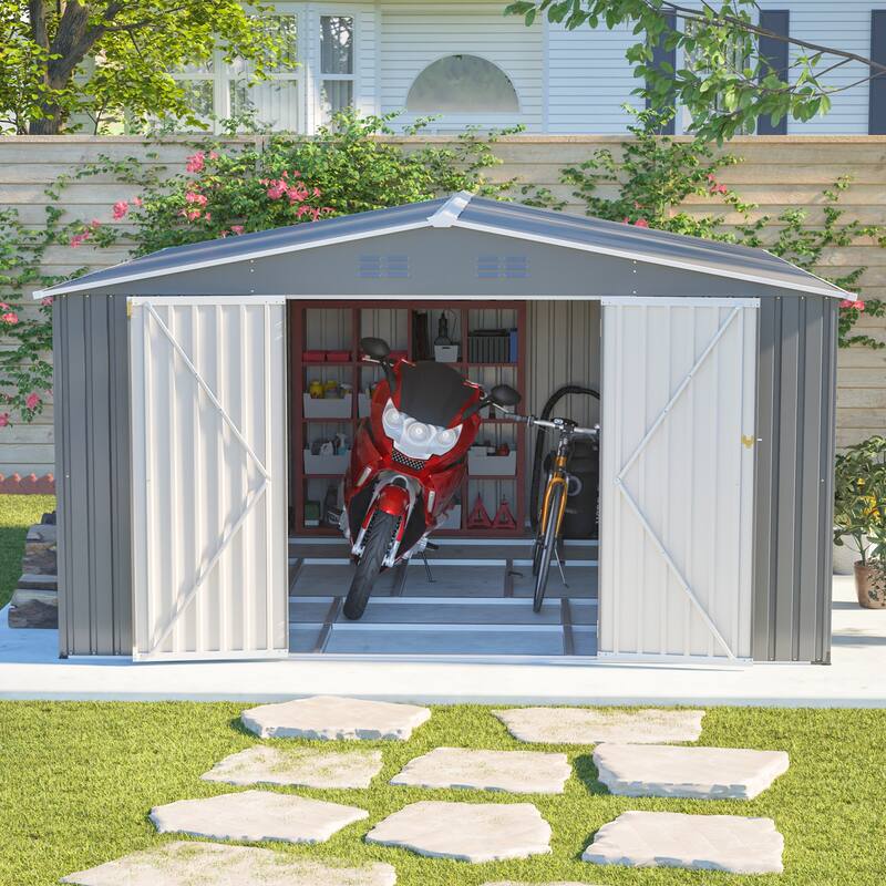 GDFStudio - Cassandra Large Outdoor Metal Storage Shed with Lockable Doors for Secure Vehicle and Equipment Storage