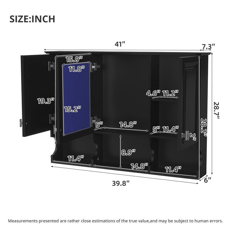 41" Wall Mounted Mirror Medicine Cabinet with Adjustable Shelves, Solid Wood Frame, Bathroom Storage Over Toilet